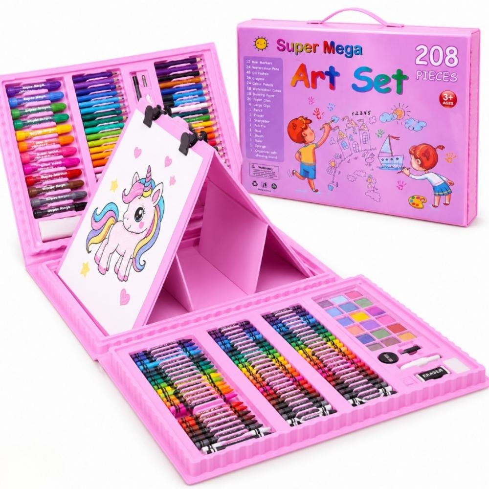 MedFitPro Tekenset voor kinderen 208-delig roze met opvouwbare schildersezel, kleurpotloden, stiften en pastels in een tekenetui