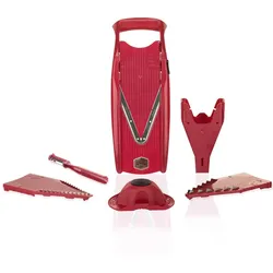 Börner V5 PowerLine Plus Set Gemüsehobel, Obst- & Gemüseschneider mit Fruchthalter, Scheibeneinschub, Sparschäler, 10 Schnittarten, 6 tlg. Set, Rot