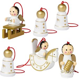 BRUBAKER Weihnachtsbaumschmuck 8006, weiß/gold, 4,5 cm, Engel- und Glocken-Anhänger aus Holz, 6 Stück
