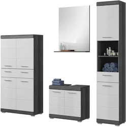 BADMÖBEL-SET weiß Hochglanz, grau 4-teilig 186 cm, Kombination mit viel Stauraum