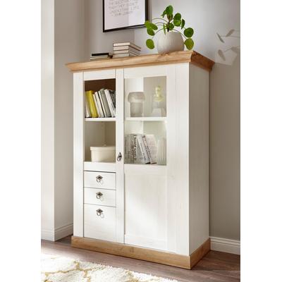 Highboard HOME AFFAIRE "Cremona, Vitrine im Landhausstil, Hochschrank, moderne Glasvitrine", weiß (pinie weiß nb, pinie weiß nb, applikation wotan eiche nb), B:103cm H:139cm T:47cm, Sideboards, Highboard, Metallgriffe, ausreichend Stauraum,...