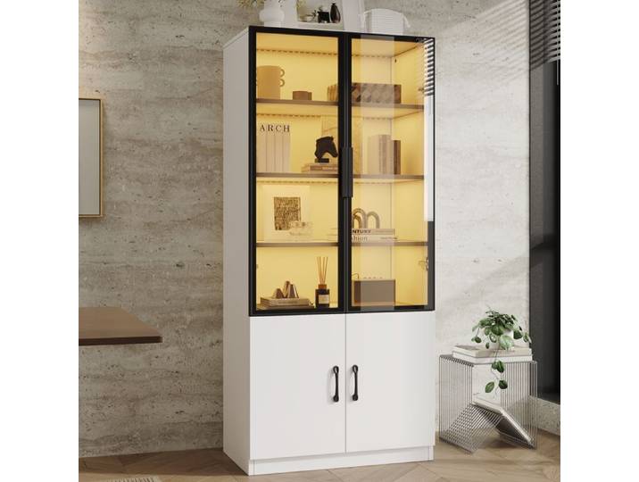 Vitrine 60×40×160cm avec éclairage LED vitrine en verre avec cadre en aluminium et 2 portes bibliothèque vitrine buffet blanc