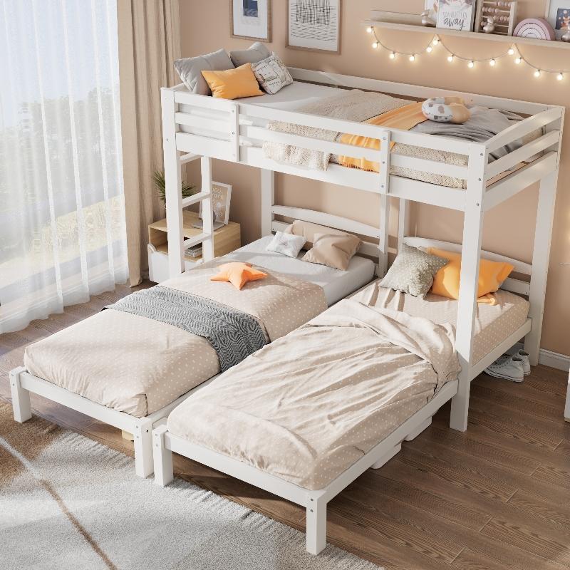 Dreifaches Etagenbett 90x200 cm Weiß aus Kiefer mit Seitenleiter und hohem Geländer für Kinder- und Jugendzimmer