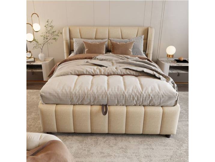 Lit coffre Double 140×200 cm rangement pneumatique tête rembourrée - YEAVIO - sans matelas tissu beige et métal