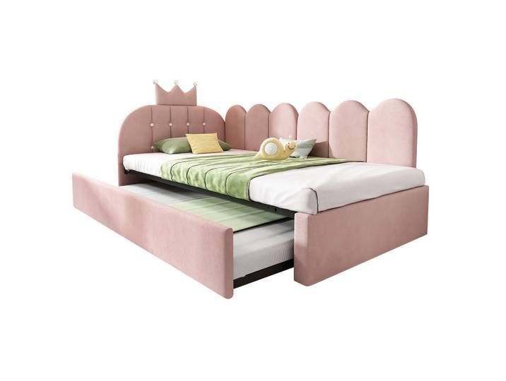 Redom Polsterbett 90/200 cm mit Ausziehbett, Kronen- und Gitterdesign aus Samt, Rosa, 90x200 cm, Schlafzimmer, Betten, Polsterbetten