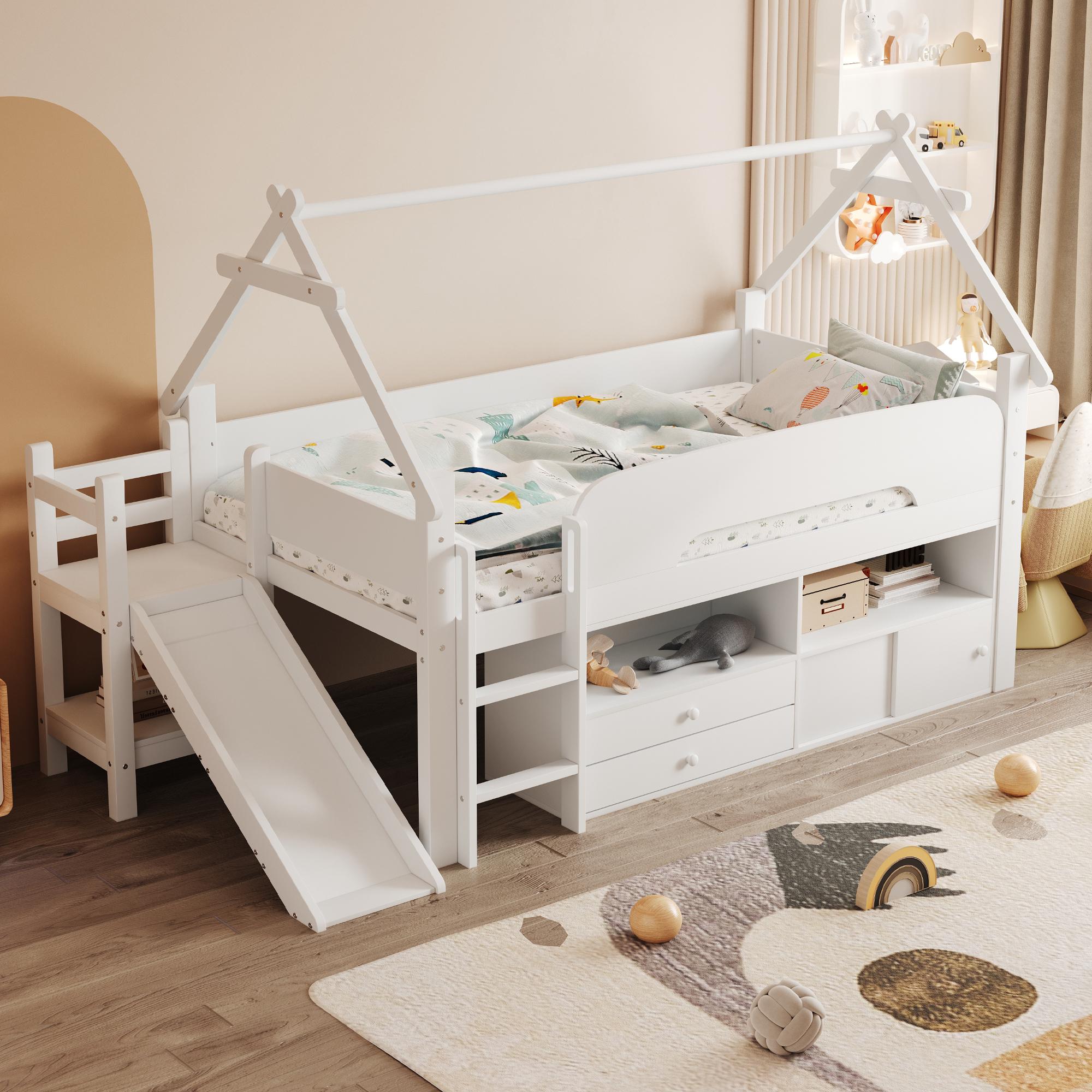 STILVORA Kinderbett 90x200 mit Rutsche und Sicherheitsgeländer, Hochbett mit Schubladen und Stauraum, Einzelbett mit dachförmigem Rahmen und Spielbereich Weiß