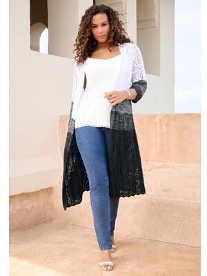 Plus Size Women's Knee-length Pointelle Cardigan by Roaman's in Black White (Size 4X)