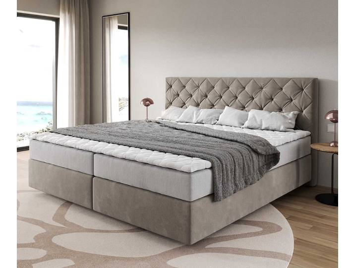 Boxspringbett Dream-Great Mikrofaser Beige 200x200 cm mit Taschenfederkernmatratze und Topper Visco, Boxspringbetten
