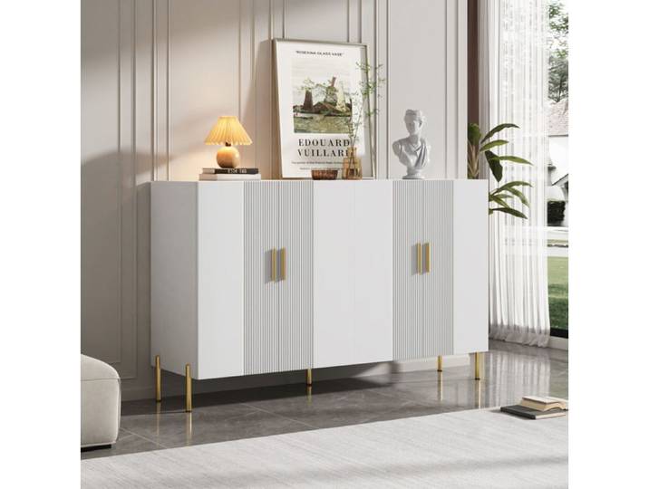 Buffet haut blanc mat AESVAR 4 portes 160 cm pieds métal poignées dorées
