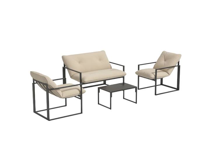 Outsunny Salon de jardin extérieur 4 pièces pour 4 personnes avec canapé 2 places, 2 fauteuils et 1 table basse 3 coussins mobilier de jardin pour terrasse jardin - acier noir polyester beige
