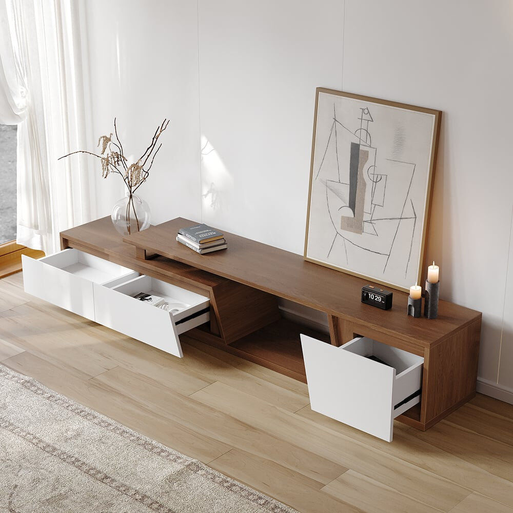 Homary Extendable TV Stand with 3 Storage Drawers, Fits Living Room or Bedroom Brown/White 75"