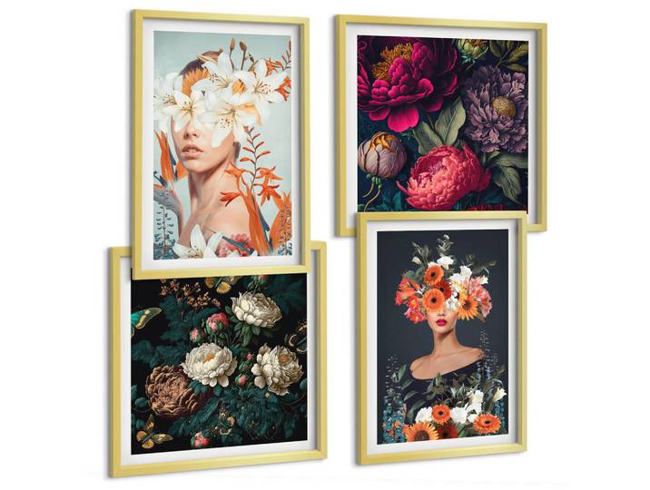 Tulup Bilder SET 4er Set - 50x50 cm & 40x60 cm Goldrahmen - Blumenporträts, Sträuße, Blätter, Goldfarben, Kunststoff, Rechteckig, 50x50 cm, einfache und schnelle Anbringung, Bilder & Rahmen, Bilder