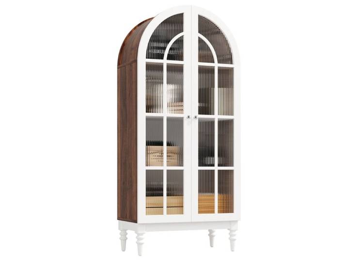 Vitrine Cintrée Meuble de Rangement avec Portes en Verre Ondulé Armoire de Rangement Haute pour Salon 76x35.5x165cm Noyer+Blanc