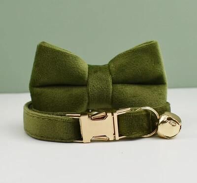 Inspired Finds VelvetCharm Personalized Cat Collar With Bow And Bell olive Bow Set s