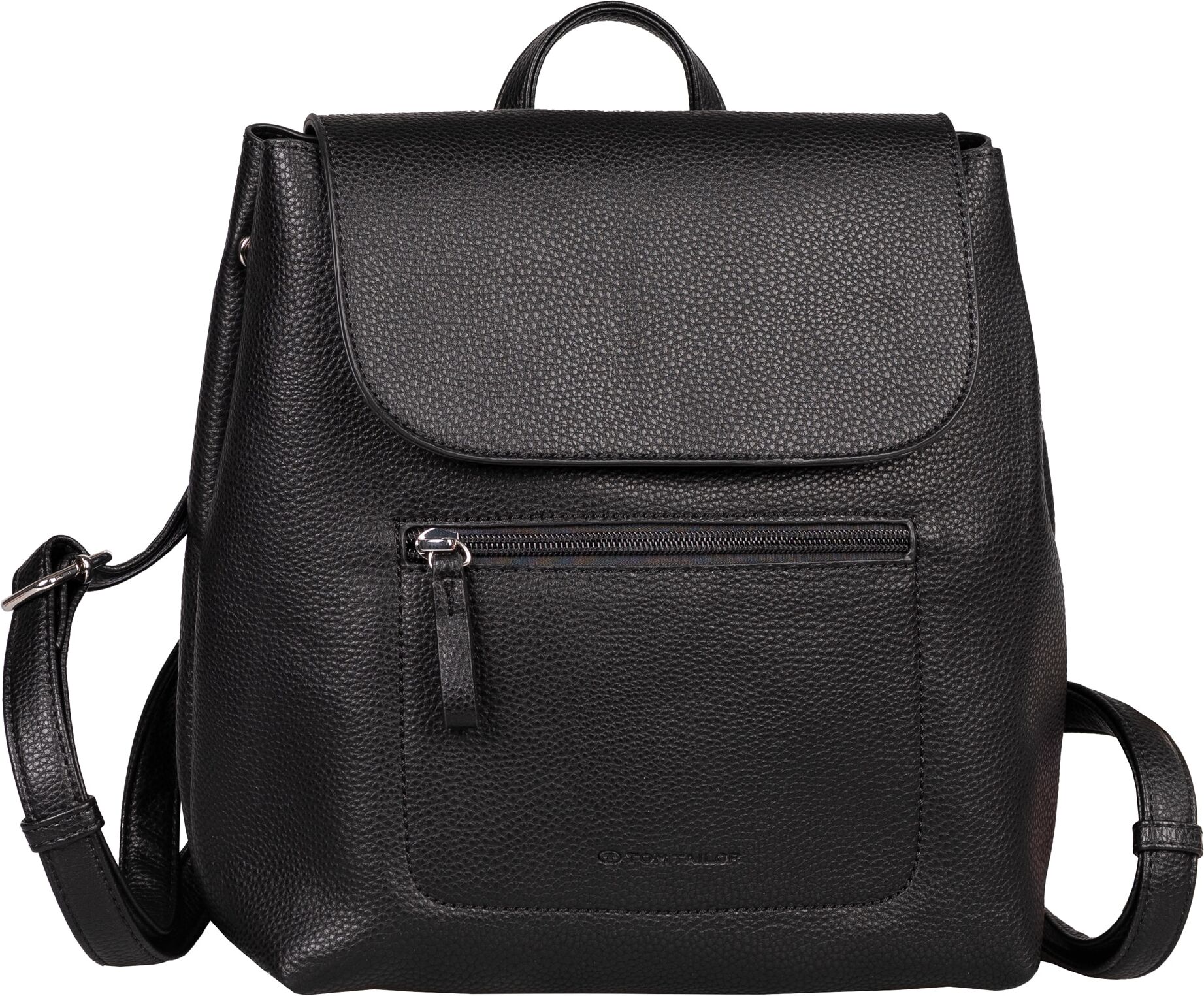 Rucksack TOM TAILOR "Elis", Damen, Gr. B/H/T: 25cm x 26cm x 10,5cm, schwarz, Polyurethane, clean, Rucksäcke Rucksack, aus weich gekörntem Lederimitat und feinem Logo schwarz B/H/T: 25cm x 26cm x 10,5cm