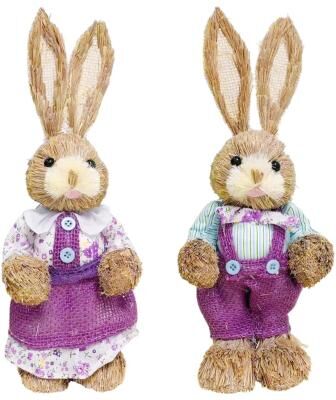 Inspired Finds Rustic Easter Straw Bunny Figurine Spring Garden Home Decoration Ornament 2pcs Purple Bunny Set