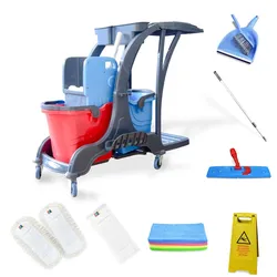 Hypafol Reinigungswagen Set |2x25 l Eimer |Wischmopp-Presse & Kehrgarnitur| 2x50cm Baumwoll Wischmopp, Mikrofaser-Mopp, 12 Mikrofasertücher|Warnschild