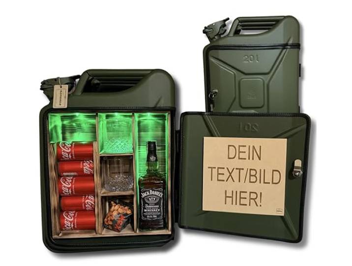 Bombaro 20L Kanister Mini Bar Premium I Maximal personalisierbar mit Gravur & LED Beleuchtung I 2 Whiskygläser I Jerrycan I Mobile Kanister Bar Geschenk für Männer I Abschließbare Minibar