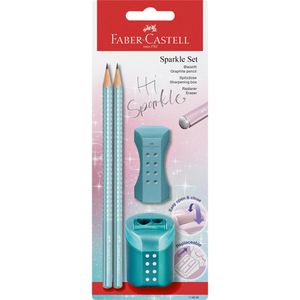 Faber-Castell Schreibset Sparkle ocean metallic, 4-teilig, Bleistift Härte B, Radiergummi und Spitzer