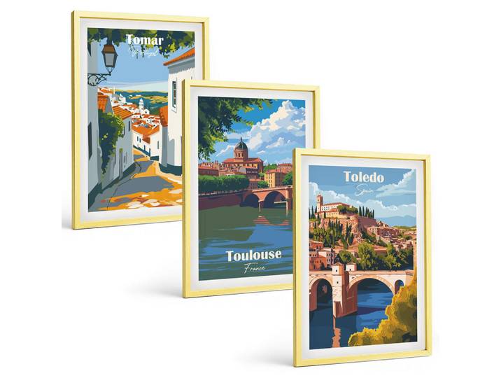 Tulup Bilder SET 3er Set - 40x60 cm Goldrahmen - Retro-Stadtgrafiken, Goldfarben, Kunststoff, Rechteckig, 40x60 cm, Fotografie, Bilder & Rahmen, Bilder