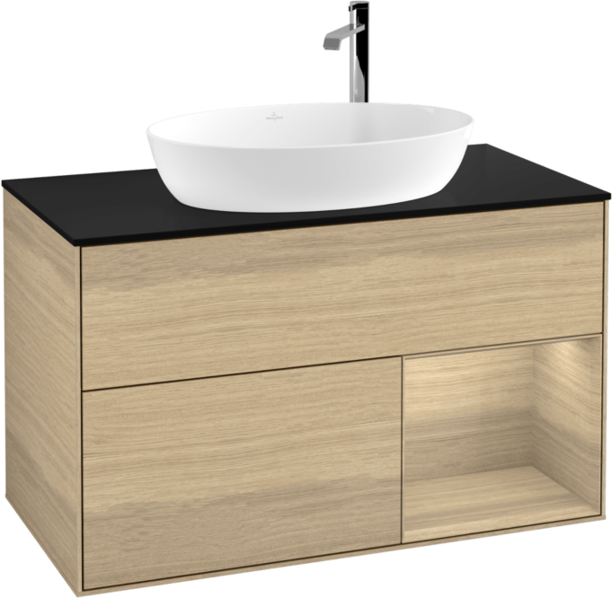 Villeroy und Boch Finion Waschtischunterschrank F902PCPC 100cm, Abdeckplatte black matt, Regale Oak Veneer, Oak Veneer