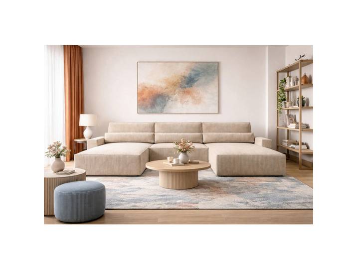 Mid.you Wohnlandschaft Brazil U, Hellbraun, Kunststoff, 5-Sitzer, Füllung: Silikon, Eckteil, U-Form, 410x200 cm, Stoffauswahl, Wohnzimmer, Sofas & Couches, Wohnlandschaften, Wohnlandschaft U-Form
