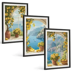 BILDER SET 3er Set - 40x60 cm Schwarzer Rahmen - Meereslandschaften, Zitronen, Fenster