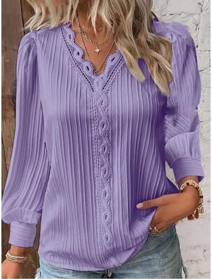 Uplifted Finds Womens Lace Stitch Pullover Chiffon V Neck Long Sleeve Blouse m purple