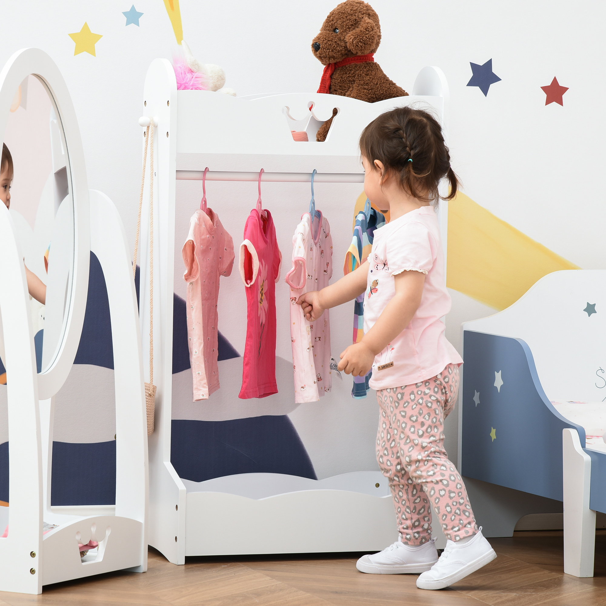 Homcom Appendiabiti per Bambini con Ripiani e Ganci Laterali, Arredamento per Cameretta in Legno, 70.5x37x103cm, Bianco Aosom