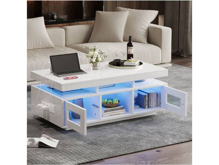 Table basse SENVIRO blanche brillante LED connectee rangement 100x50x43 cm blanc