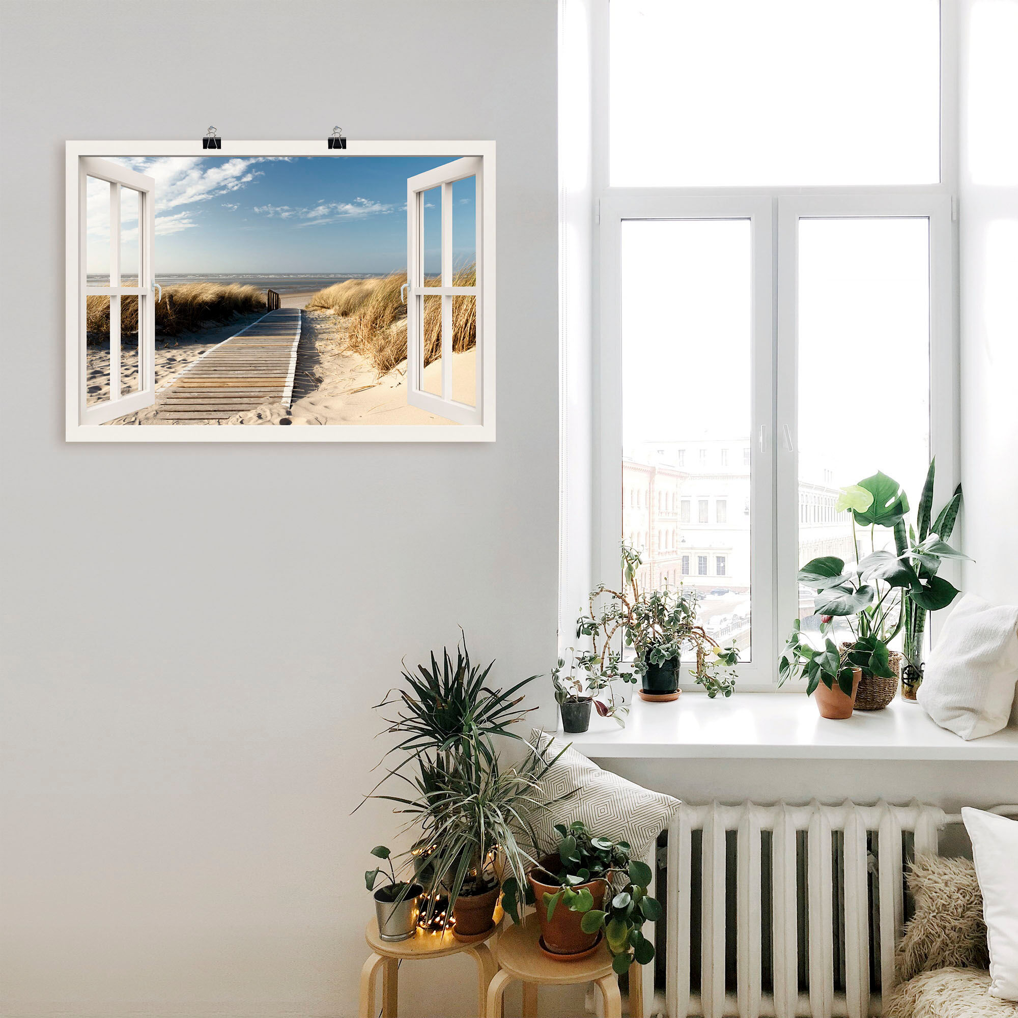 Artland "Fensterblick Nordseestrand auf Langeoog" Fensterblick 1 Stk. tlg. als Leinwandbild, Poster in verschied. Grössen farbe bild(er): weiß B/H/T: 100cm x 70cm, Poster Fensterblick Querformat, 1 Stk.