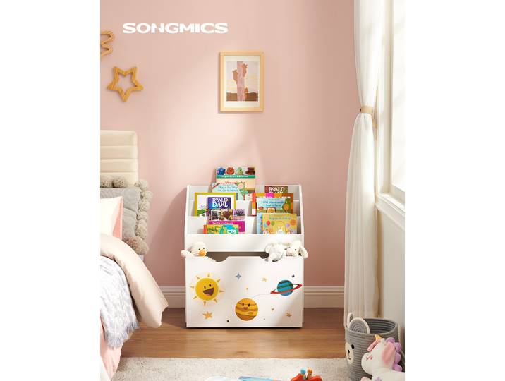 SONGMICS Étagère pour Jouets, 3 Compartiments Bibliothèque pour Enfants, Boîte à Jouets Mobile, avec roulettes, Multi-Usage, pour Chambre d'enfant et Salle de Jeux