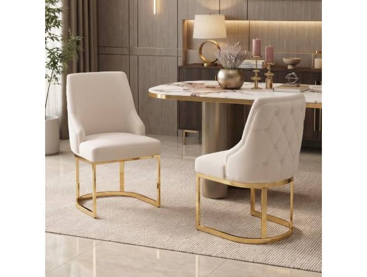 Merax 2er Set Esszimmerstühle mit Samtbezug, 3D-Rautensteppung, goldenen Beinen – Beige+Gold