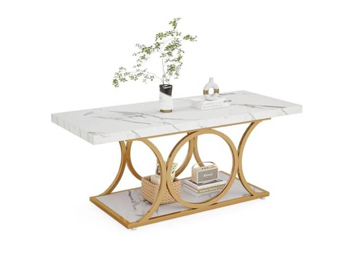 LITTLE TREE Weißer rechteckiger Couchtisch, 119 cm, moderner Couchtisch für Wohnzimmer, 2-stöckiger Couchtische aus Kunstmarmor, mit Stauraum, großer Mitteltisch mit goldfarbenen Metallbeinen