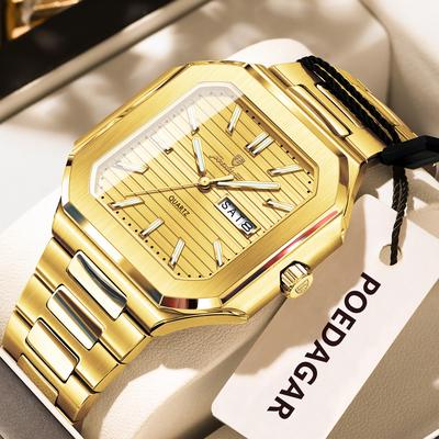 Youfap Market Stainless Steel Luxury Square Male Watch, Waterproof Luminous Date Week Quartz Watches For Men, Fashion Men Clocks gold Gold