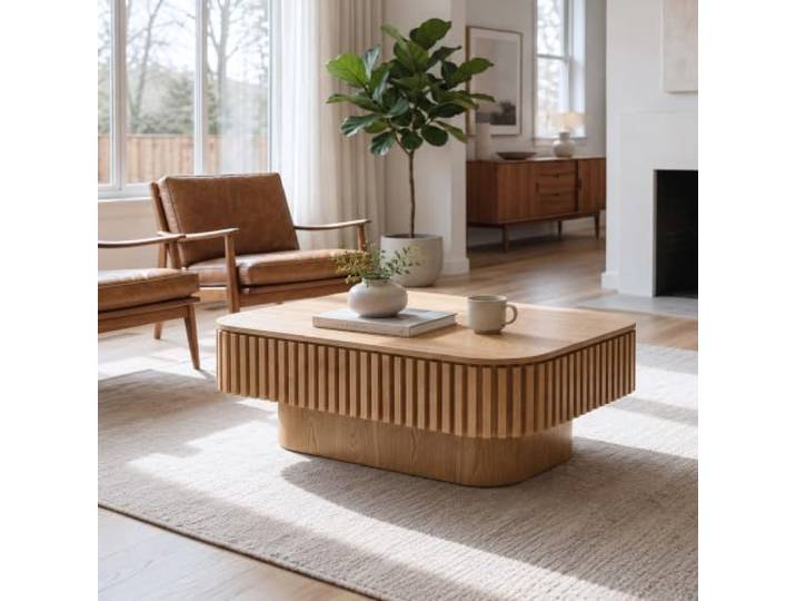 98 cm Moderner Rechteckiger Couchtisch mit Stauraum, Holzoptik,Naturholz Moderner rechteckiger Sofatisch mit Fluted Design und abnehmbarem Deckel, Beistelltisch & Kaffeetisch mit verstecktem