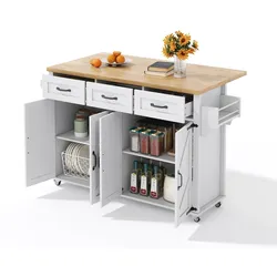 Kücheninsel 140x43/70x91 cm mit klappbarer Arbeitsplatte, 4 Türen, 3 Schubladen, 360-Grad-feststellbare Rollen, Weiß Scheunenstil