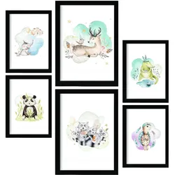 POSTER Set Mit 6 Tierfamilien Weißer Tierfamilienthemen Im Pastell Aquarell Stil A3 & A4 Rahmenlos