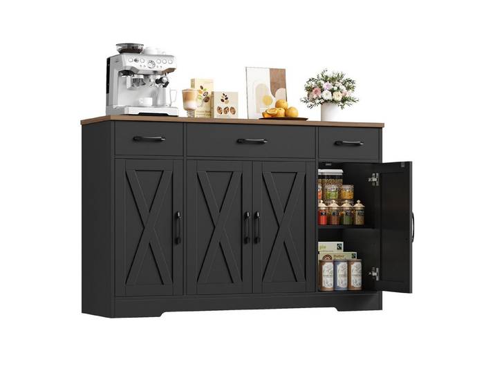 HOMECHO Sideboard, 140cm Breite Küchenschrank 3 Schubladen 4 Türen, Verstellbaren Regalen
