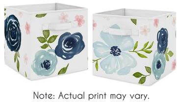 Sweet Jojo Designs Navy Blue and Pink Watercolor Floral Foldable Fabric Storage Bins - Blush Green White Shabby Chic Rose Flower