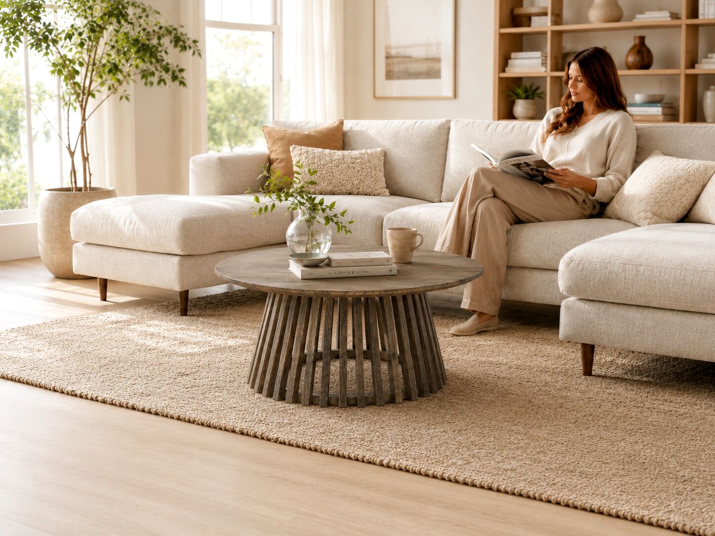 Couchtisch OTTO HOME "Lovran, Wohnzimmertisch, Sofatisch, Beistelltisch, Kaffeetisch", braun (smoke, smoke, smoke), B:80cm H:40cm T:80cm, Tische, Couchtisch, Runder Tisch (Ø60) aus Wildeiche Natur/Smoke mit Konus-Lamellenfuß