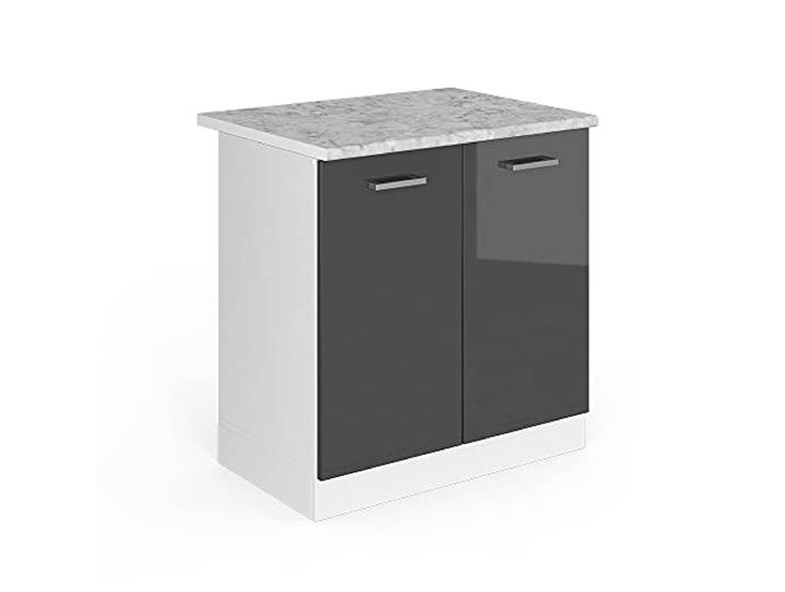 Vicco Spülenunterschrank R-Line, Anthrazit Hochglanz, 80 cm 2 Türen · Arbeitsplatte Marmor · Höhenverst. Füße · Großer Innenraum · Frei kombinierbar