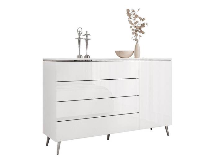 KOMMODE AURORA SILVER 4S1D mit Schubladen – mit schrägen verchromten Beinen