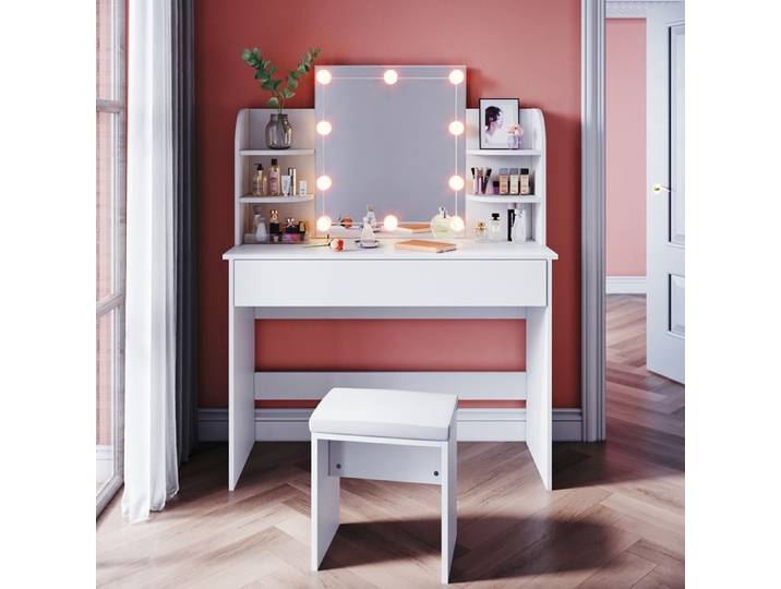SIRHONA Ensemble de Coiffeuse avec Miroir Led Simplicité Coiffeuse 108x40x140cm avec Tiroir Grand et 4 Étagères