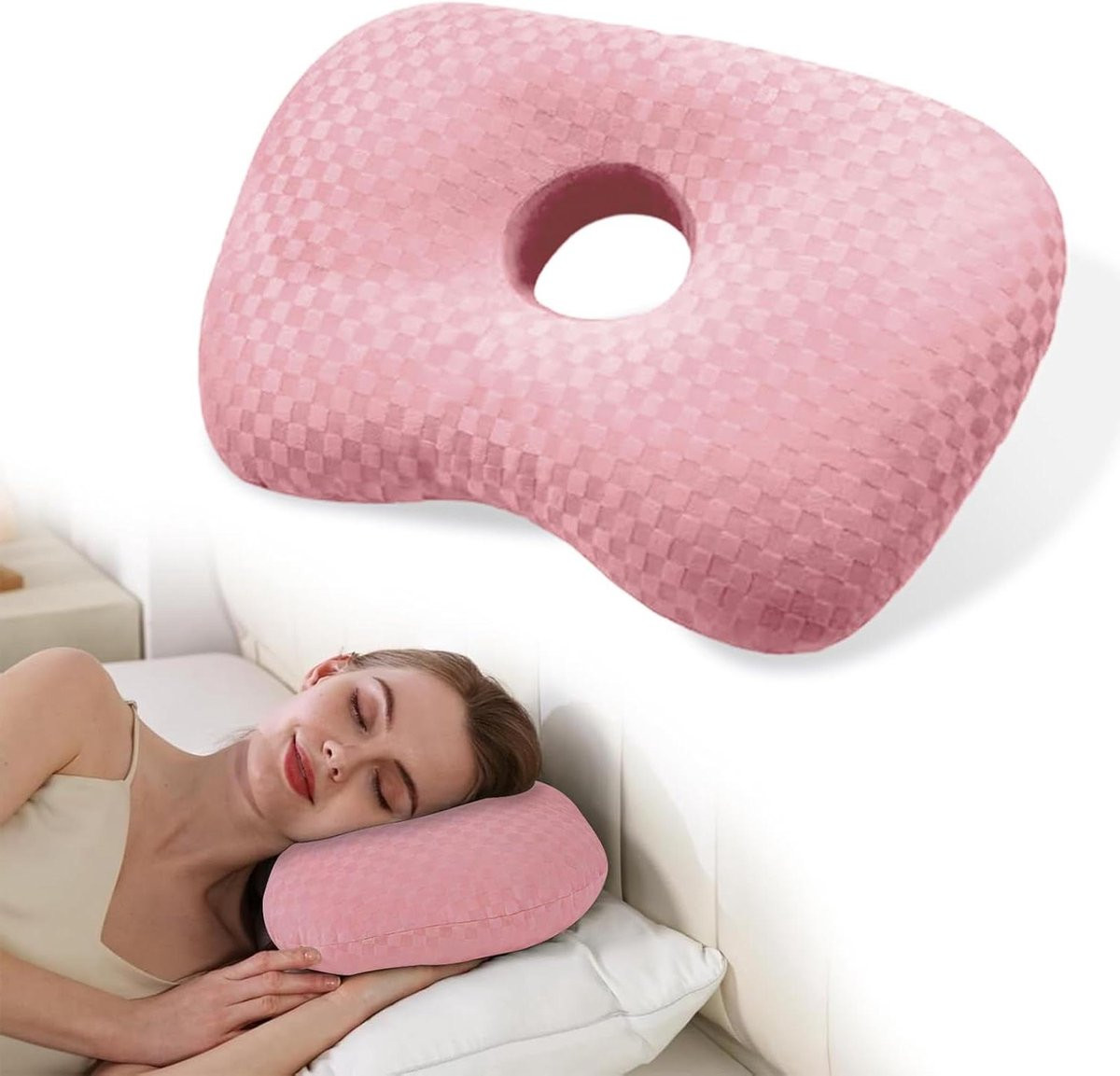 Piercingkussen met gat voor comfortabel zijslapen, drukverlagend ontwerp, Roze, 44 x 32 cm