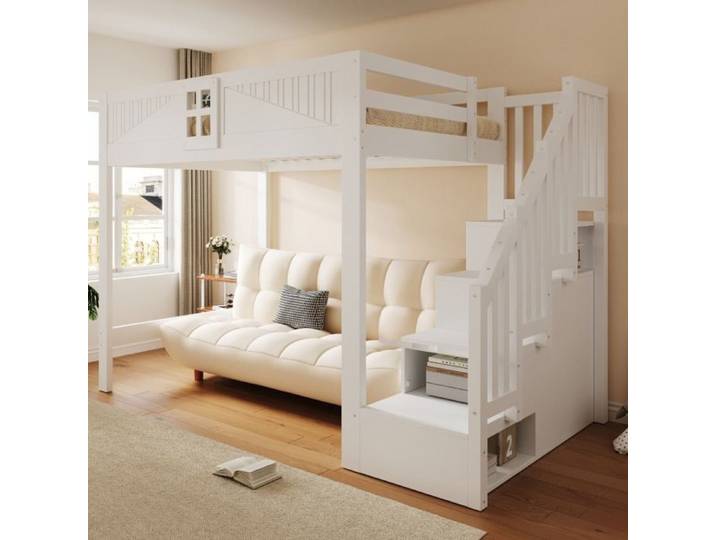 Lit Mezzanine en Bois Massif 140 x 200 cm Lit Haut avec Barrière de Sécurité Unique Escalier de Rangement Interchangeable Blanc