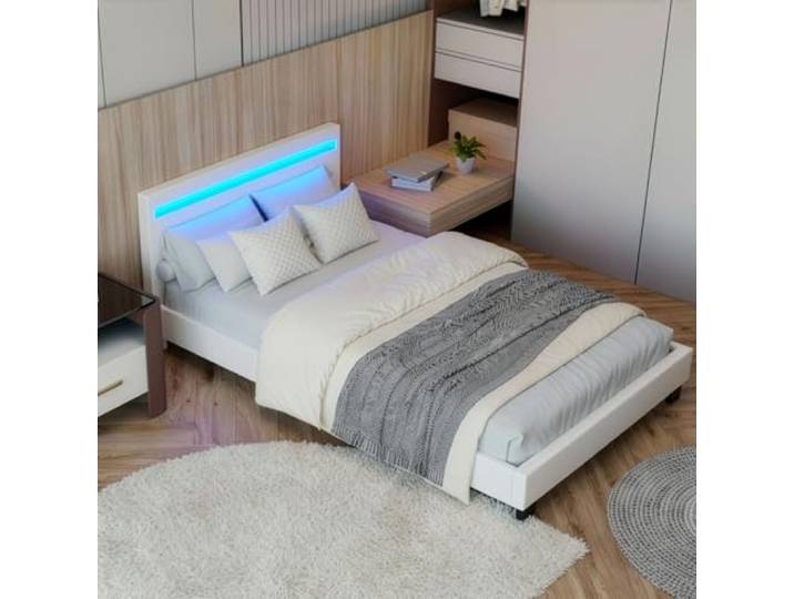 Juskys Polsterbett Paris 120x200 weiß mit LED Beleuchtung, Webstoff Stimmungslicht in 16 Farben per Fernbedienung, Jugendbett mit Lattenrost, Kopfteil, ohne Matratze