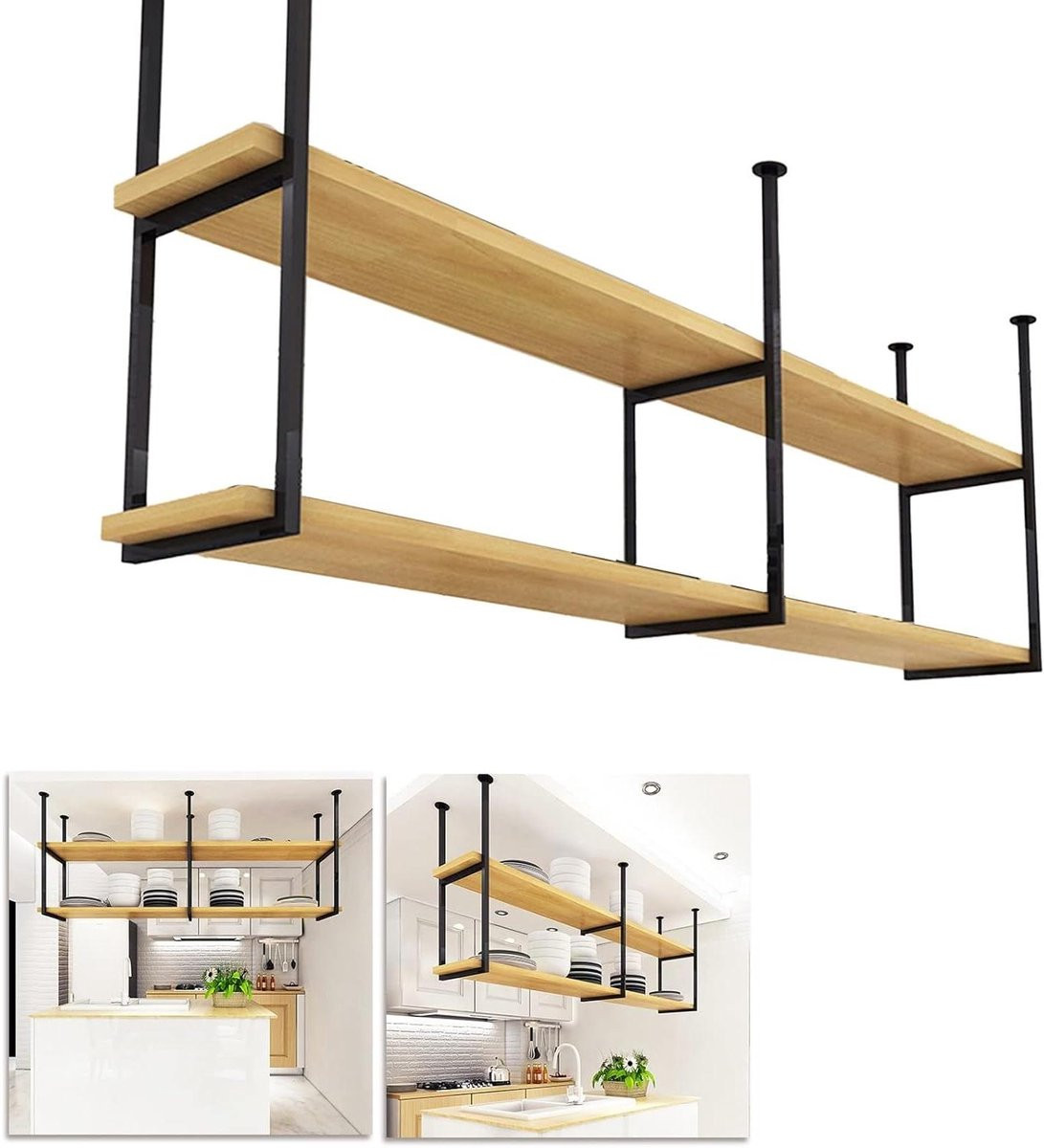 Zwevende houten planken met metalen frame, 2-laags, houtkleur