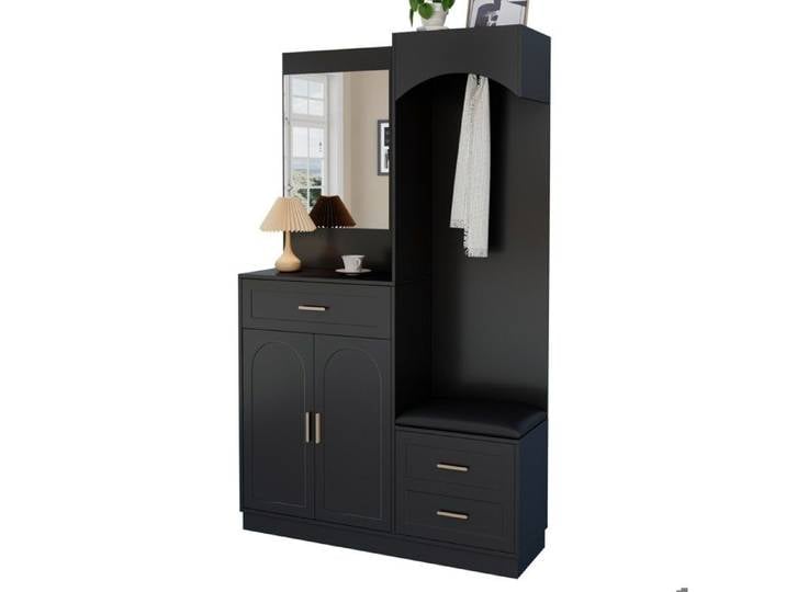 Meuble d'Entrée Moderne Noir Compact - Garderobe Combinée avec Miroir Banc à Chaussures et Schuhschrank