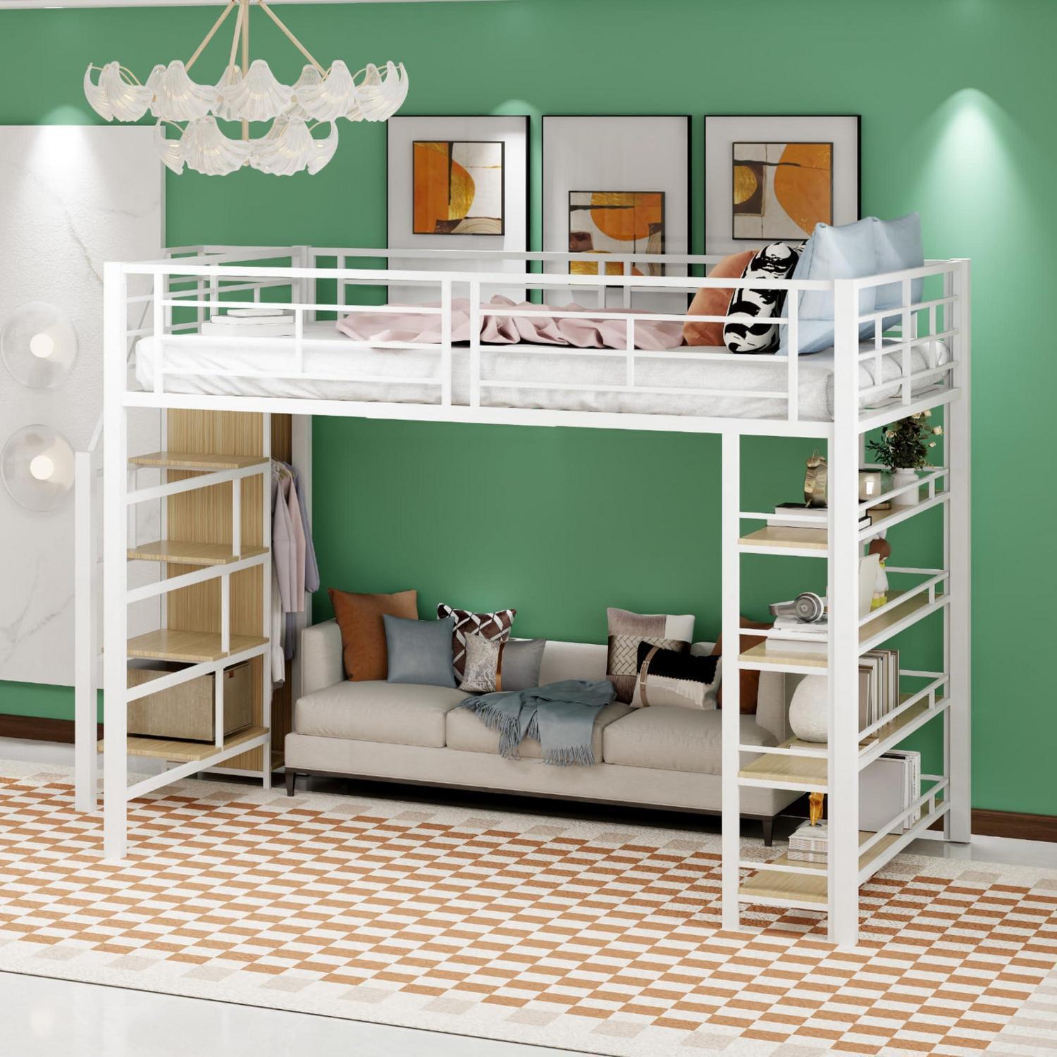 Kinderhochbett mit Kleiderschrank und Regalen 140x200cm Metall Weiß